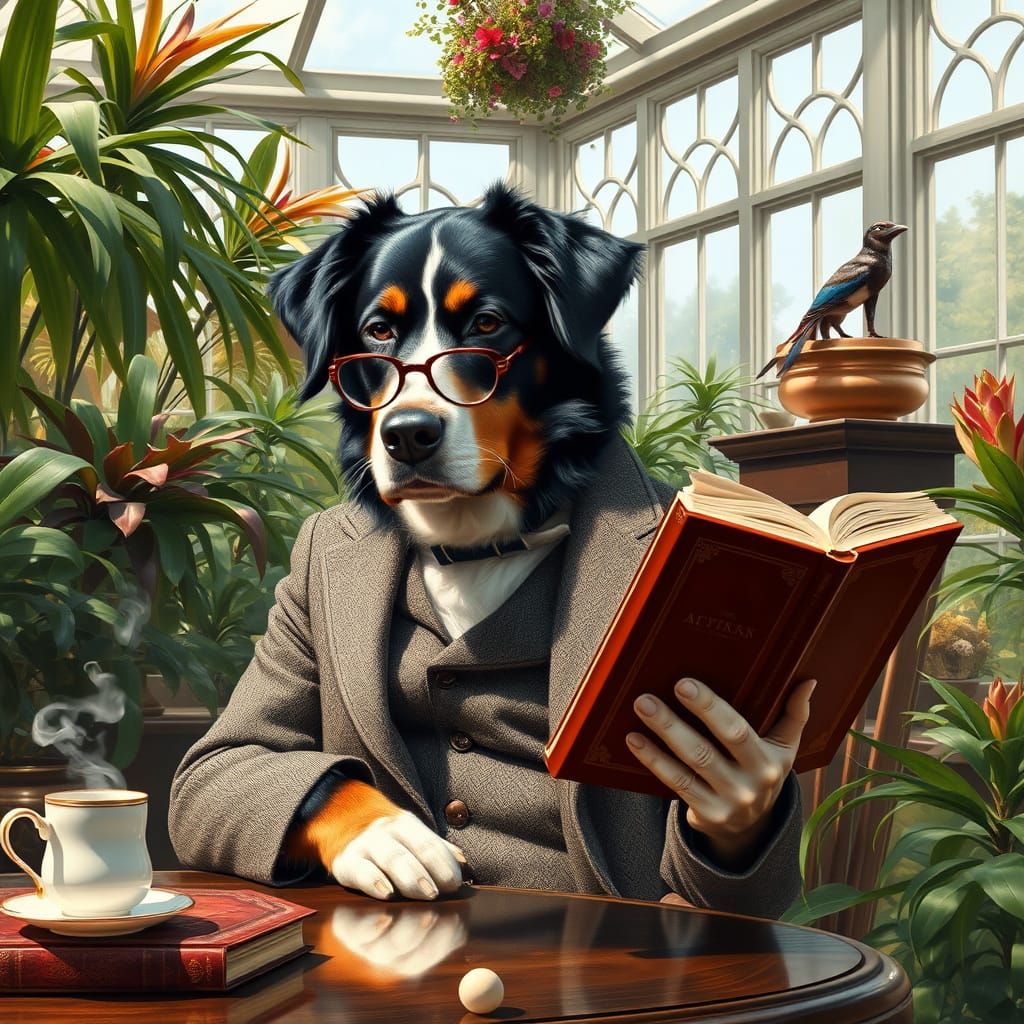 Bernese Mountain Dog Reads in Conservatory: Sargent Style