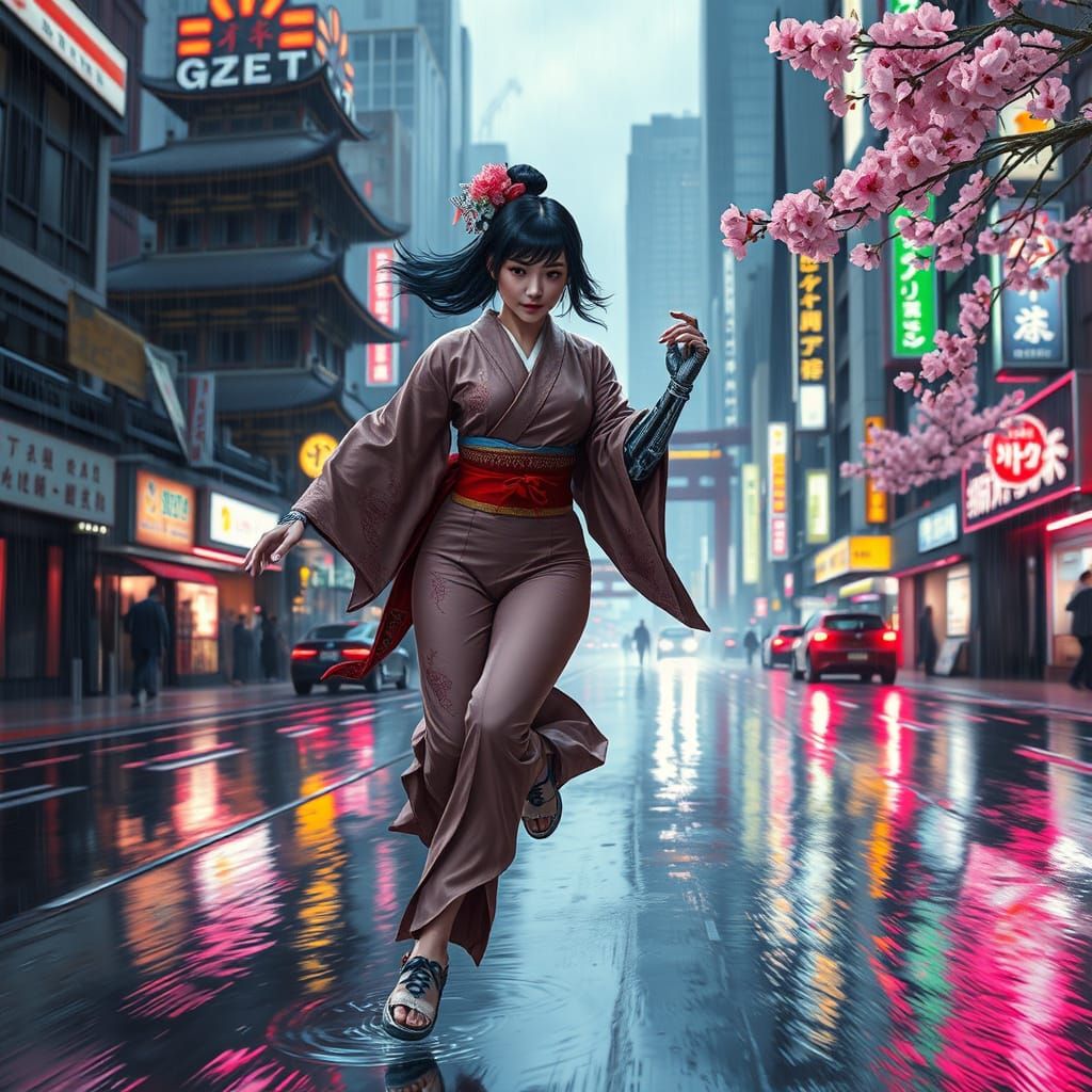Cyberpunk Geisha Runs Through Rainy Tokyo in Hyper-Realistic...