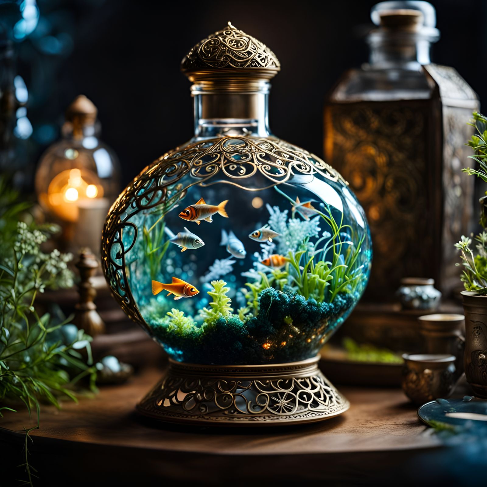 Intricate Potion Bottle with Fish, in Fantasy Art Style