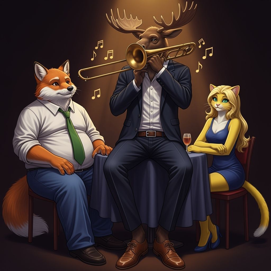 Anthropomorphic Moose Jazz Performance in Film Noir Style