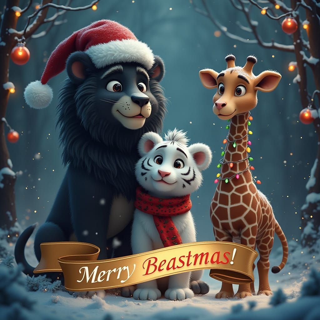 Whimsical Holiday Menagerie in Snowy Forest