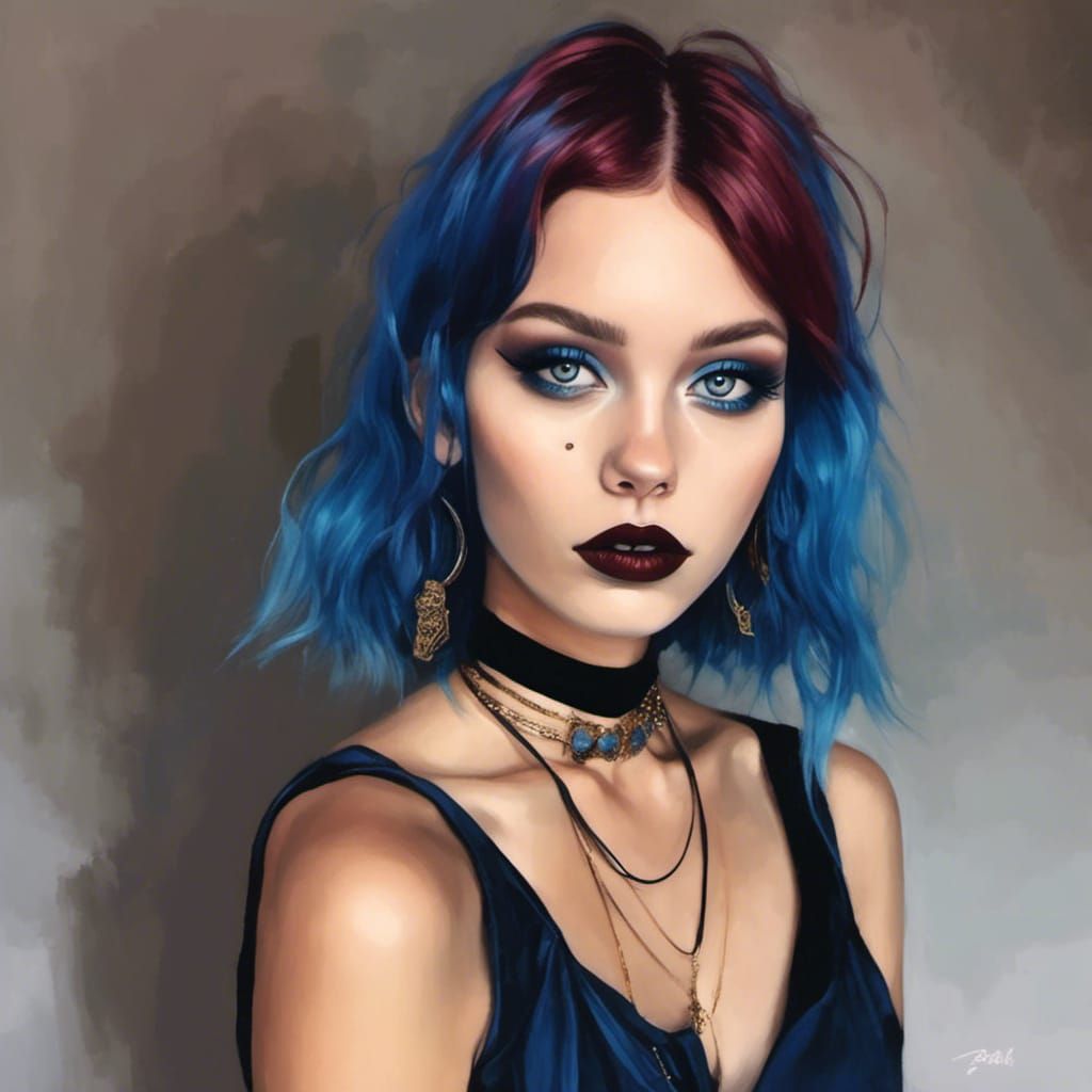 90s Style Portrait with Brown Lipstick and Burgundy Hair