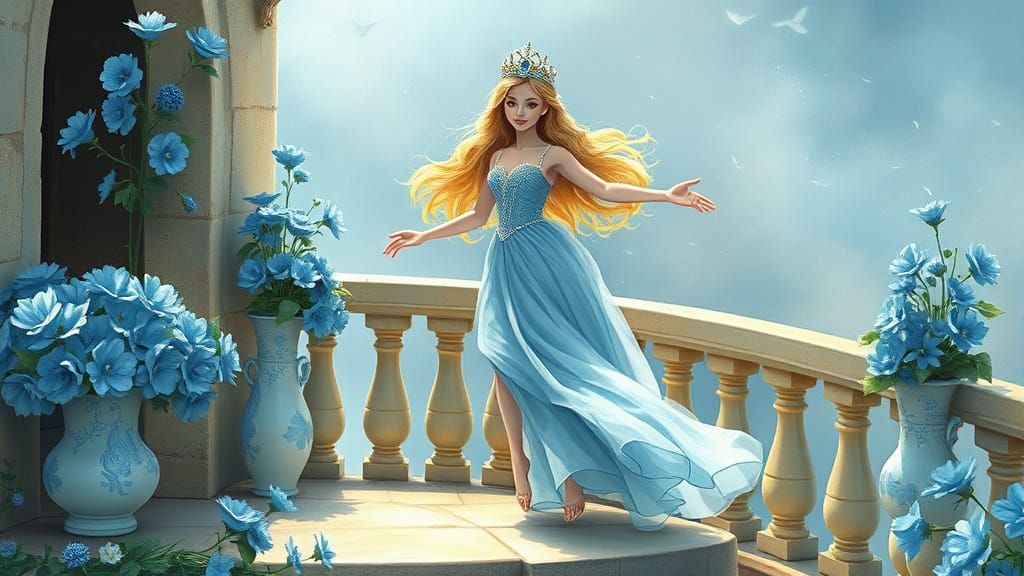 Princess in Dreamy Blue Gown Soars Among Blooming Flowers