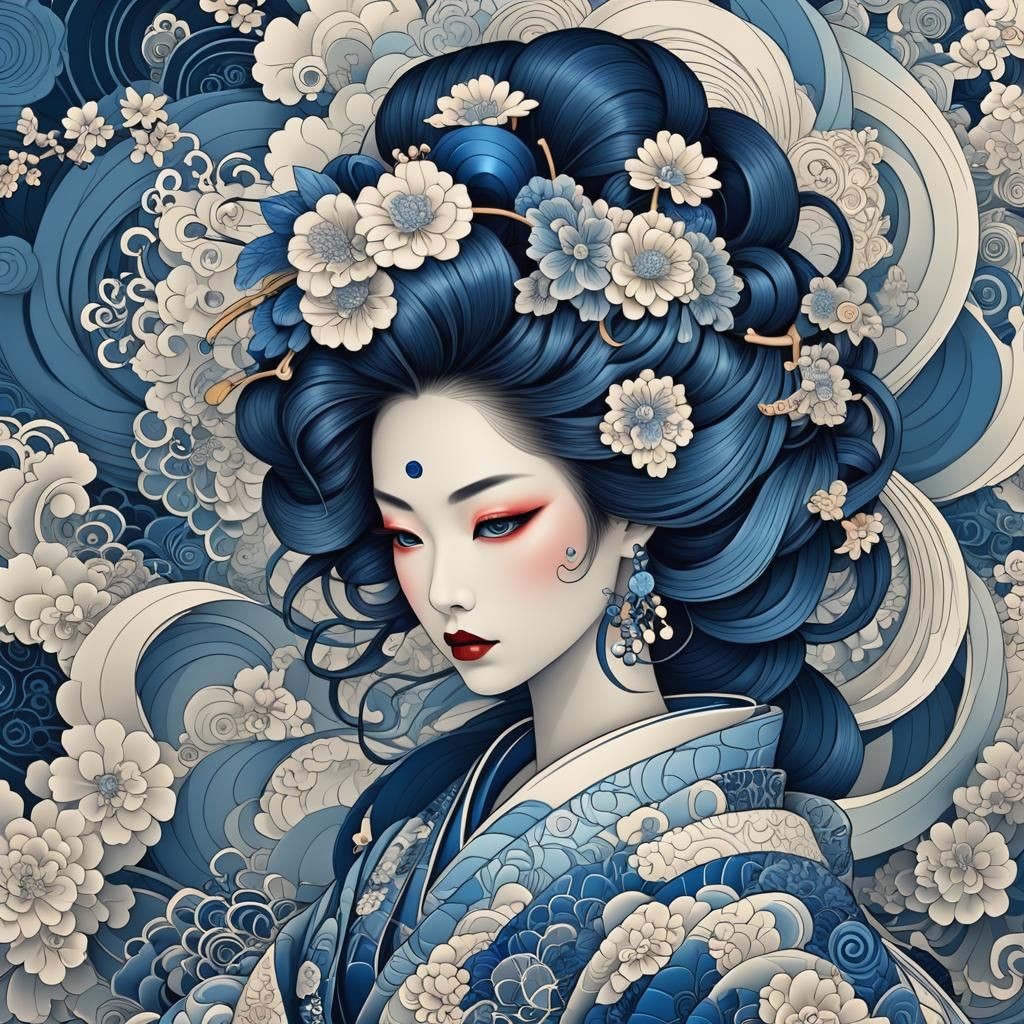 Blue Geisha with Abstract Fractal Elements