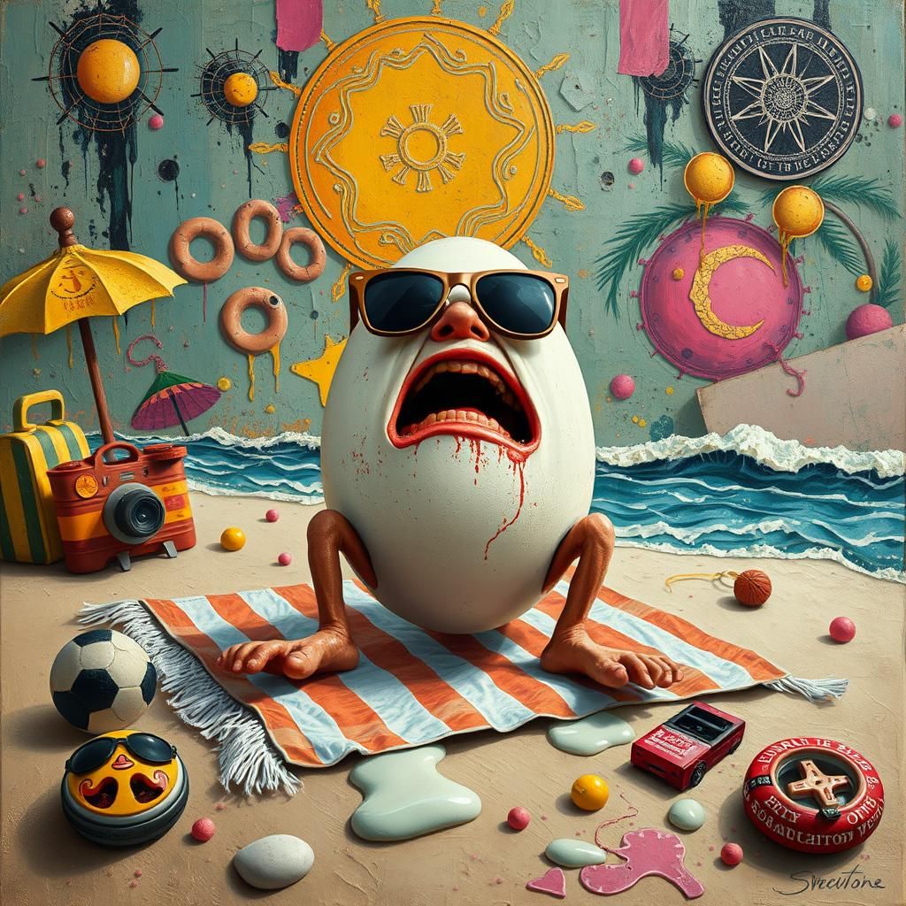 Angry Egg on Vacation: A Surreal Impasto Nightmare