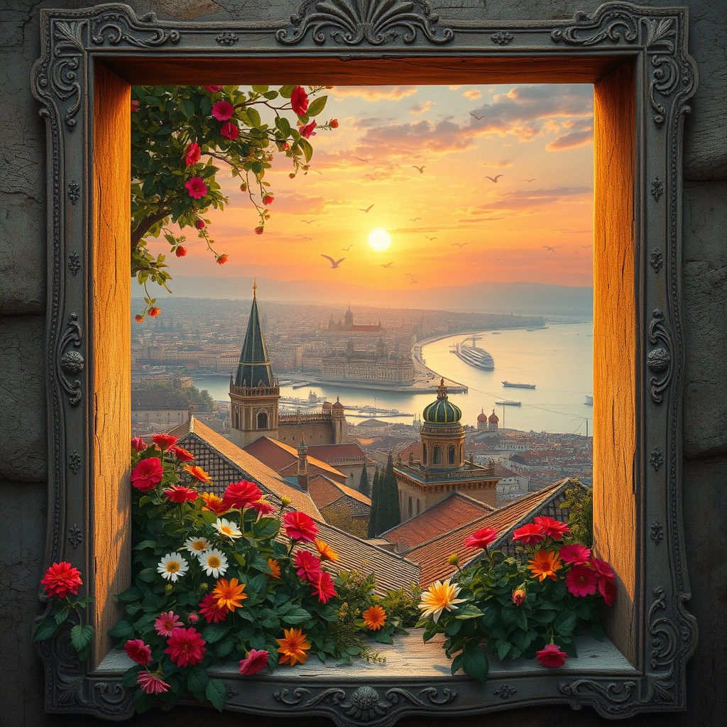 Mystical Cityscape Through Ornate Window