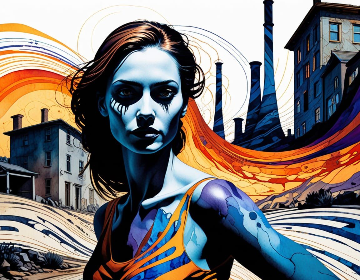 Ethereal Woman Navigates Twisted Industrial Landscape in Vib...