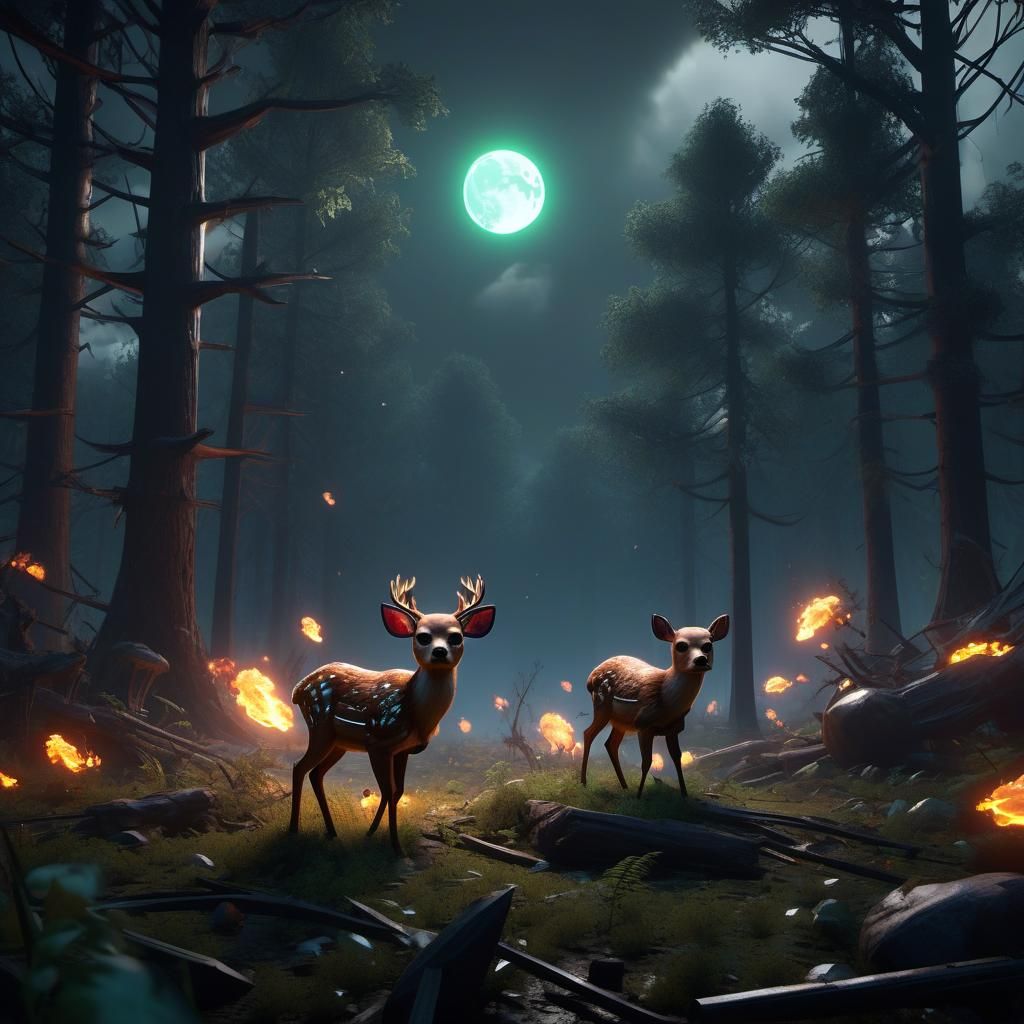 Exploding Fire Animals in a Crystal Forest