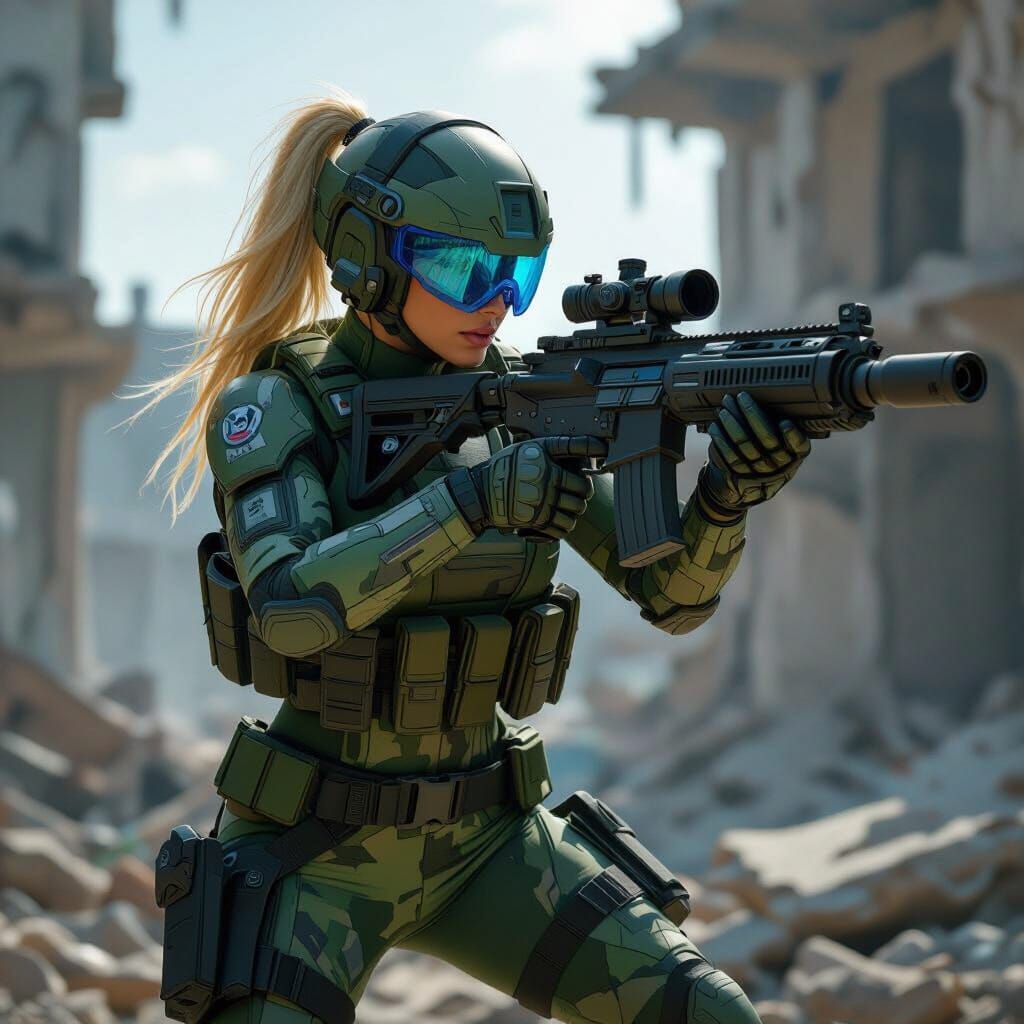 Futuristic Woman Warrior in Combat, Photorealistic Style