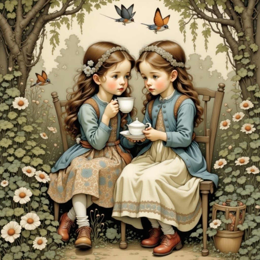 Quaint Garden Scene with Tea Drinking Girls and Whimsical Cr...