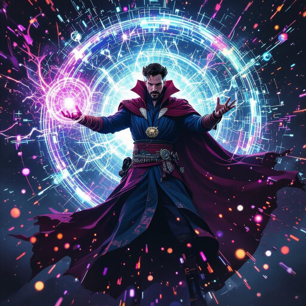 Bio-punk Dr. Strange Casting a Spell in Digital Art