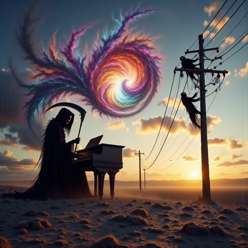 Grim Reaper Plays Piano on Desolate Landscape