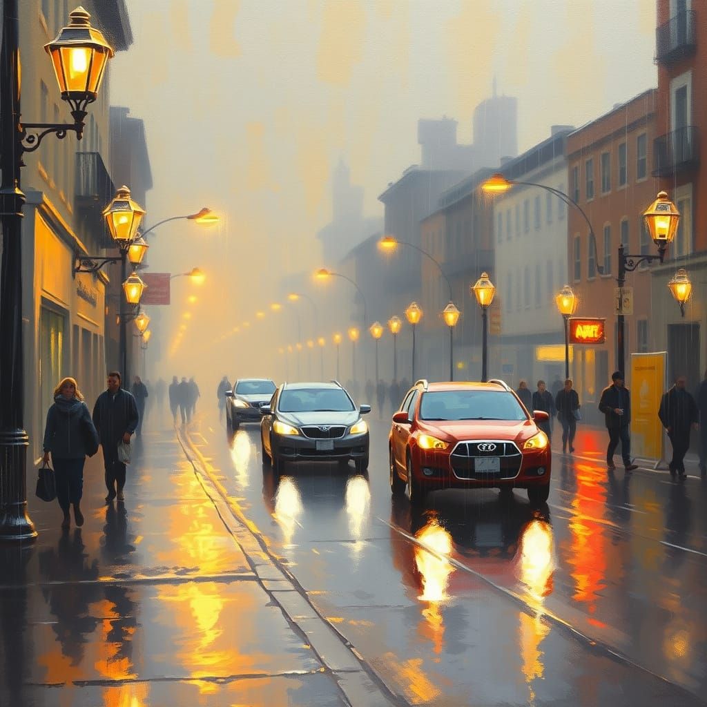 Misty Rain Street Scene in Soft, Dreamy Oil Painting Style
