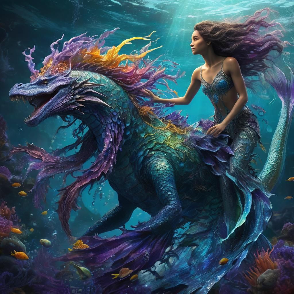 Mermaid on Sea Monster in Hyperrealistic Style