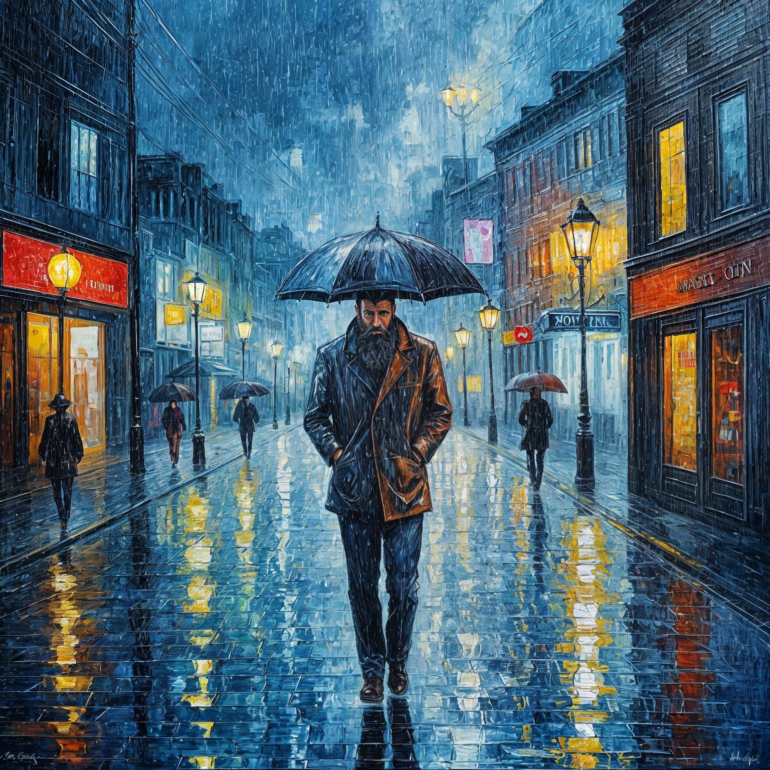 Depressed Man Walking in Rain, Neo-Impressionist Style
