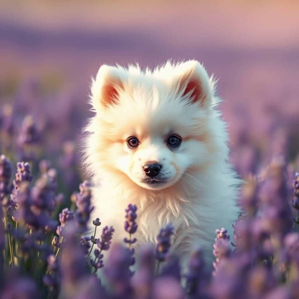 Samoyed Puppy in Lavender Field: Delicate Still Life