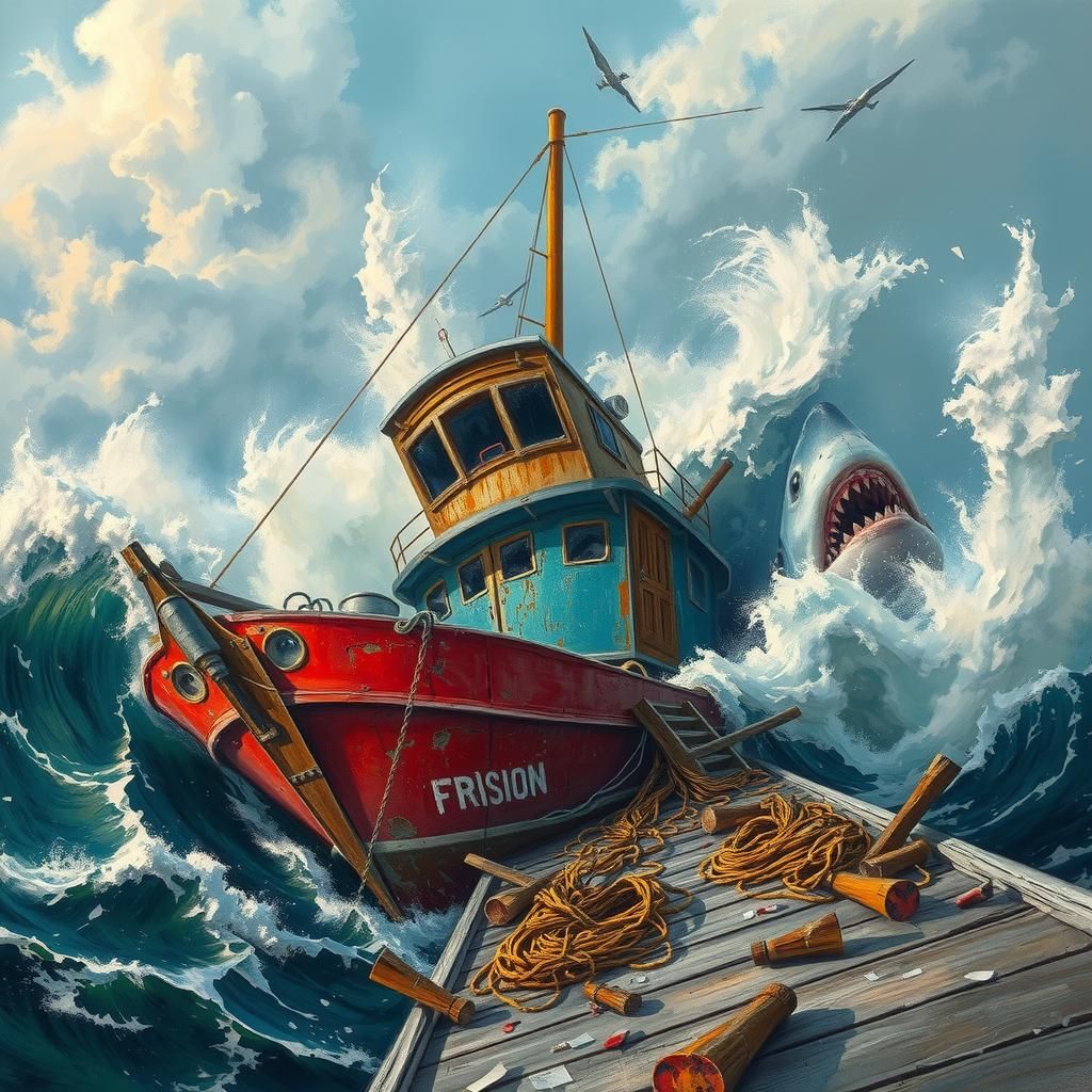 Shark Attack on Fishing Trawler: Surreal Seascape