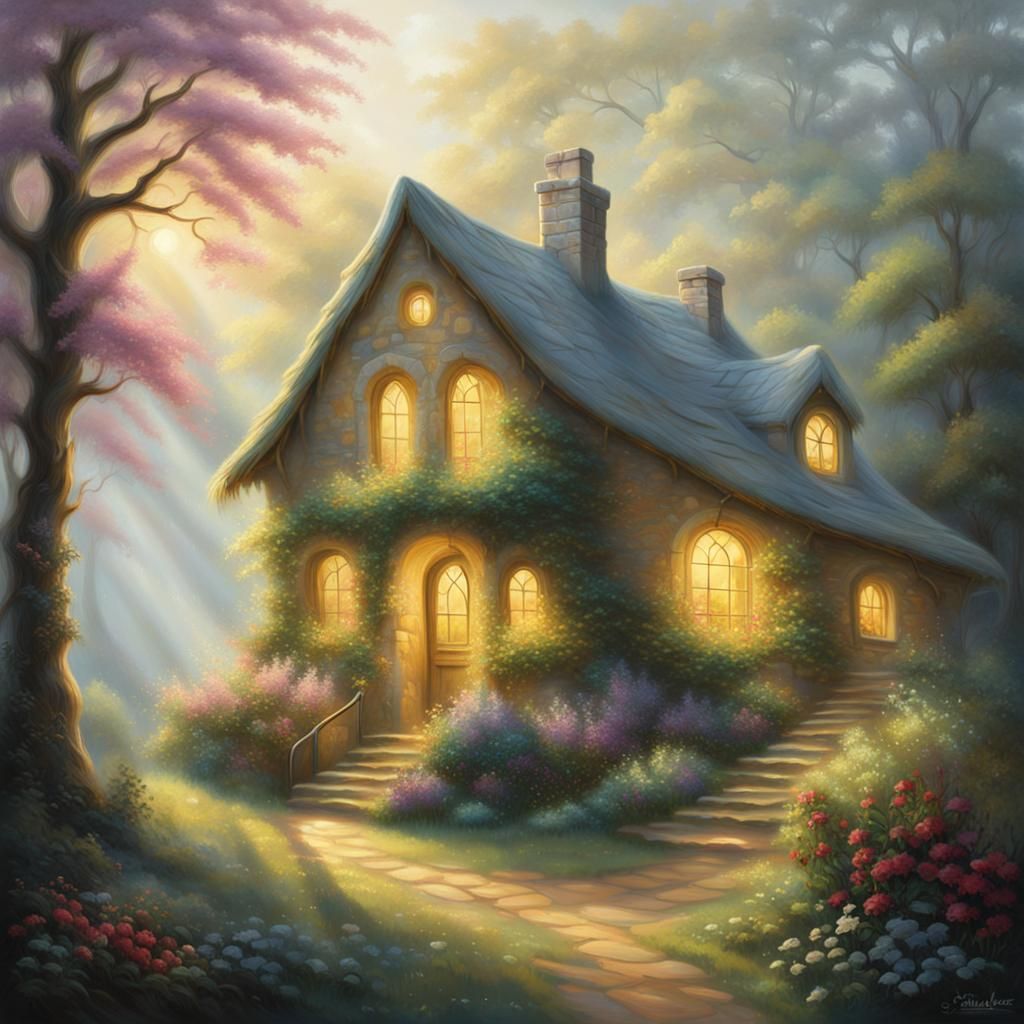 Ethereal Figure in Cottage Window, Oil Painting Style