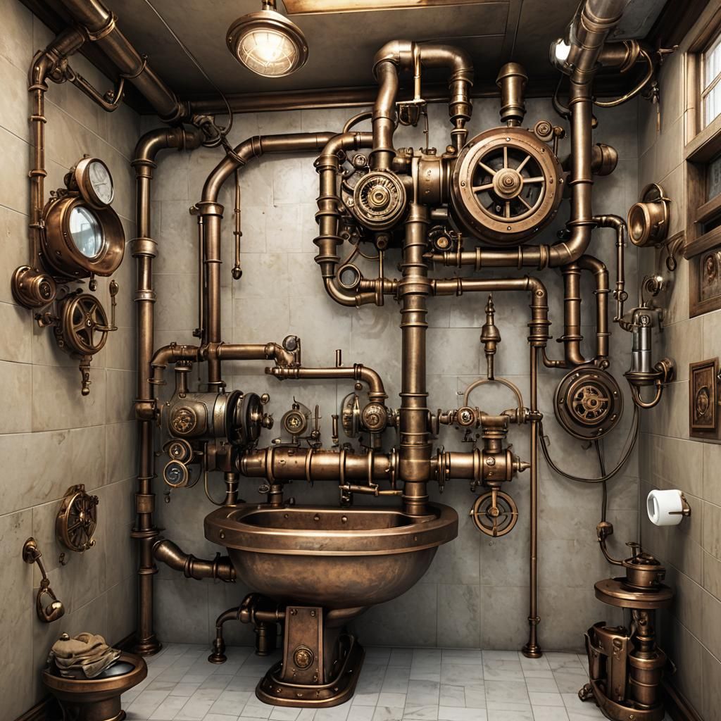 Steampunk Bathroom Interior with Engine