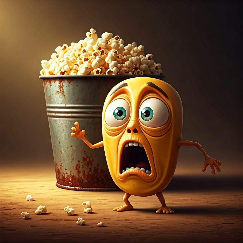 Terrified Corn Kernel Stares at Popcorn Bucket