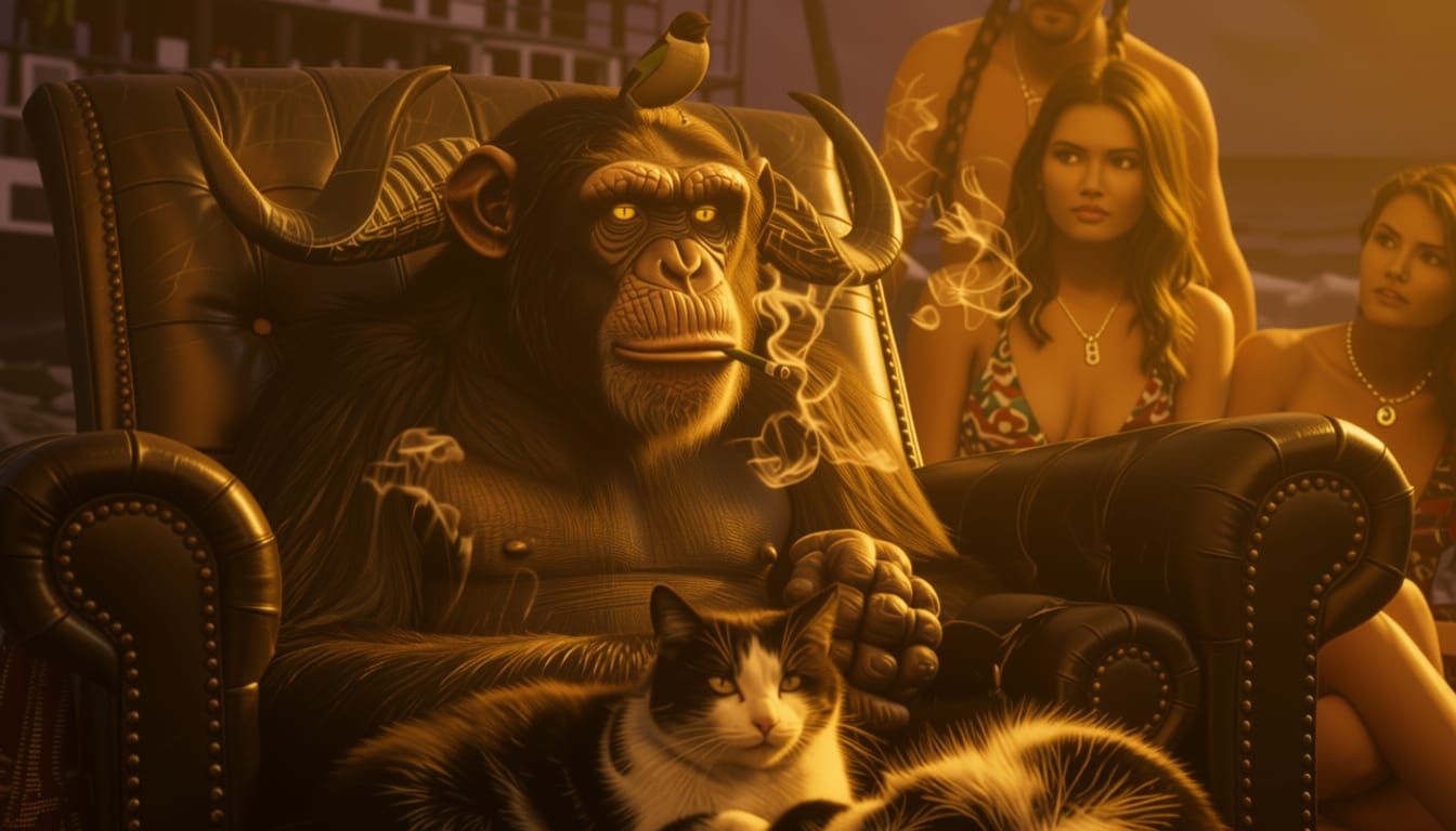 Surreal Chimp Relaxing on Beach Chair with Hieronymus Bosch ...