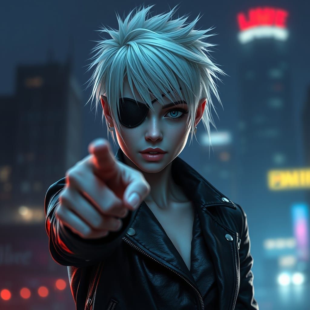Hyperrealistic Albino Punk in Futuristic Cityscape