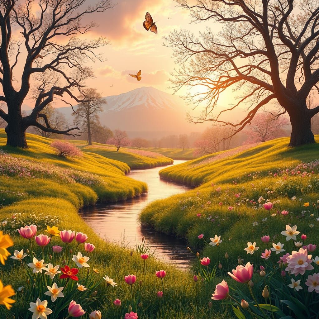 Golden Hour Spring Landscape in Whimsical Realism
