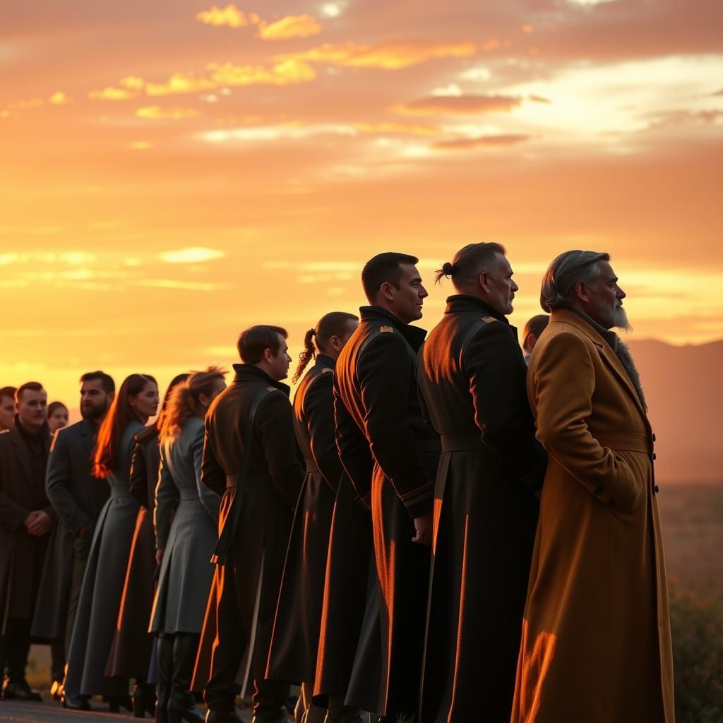People Silhouetted at Dusk in Digital Matte Painting Style