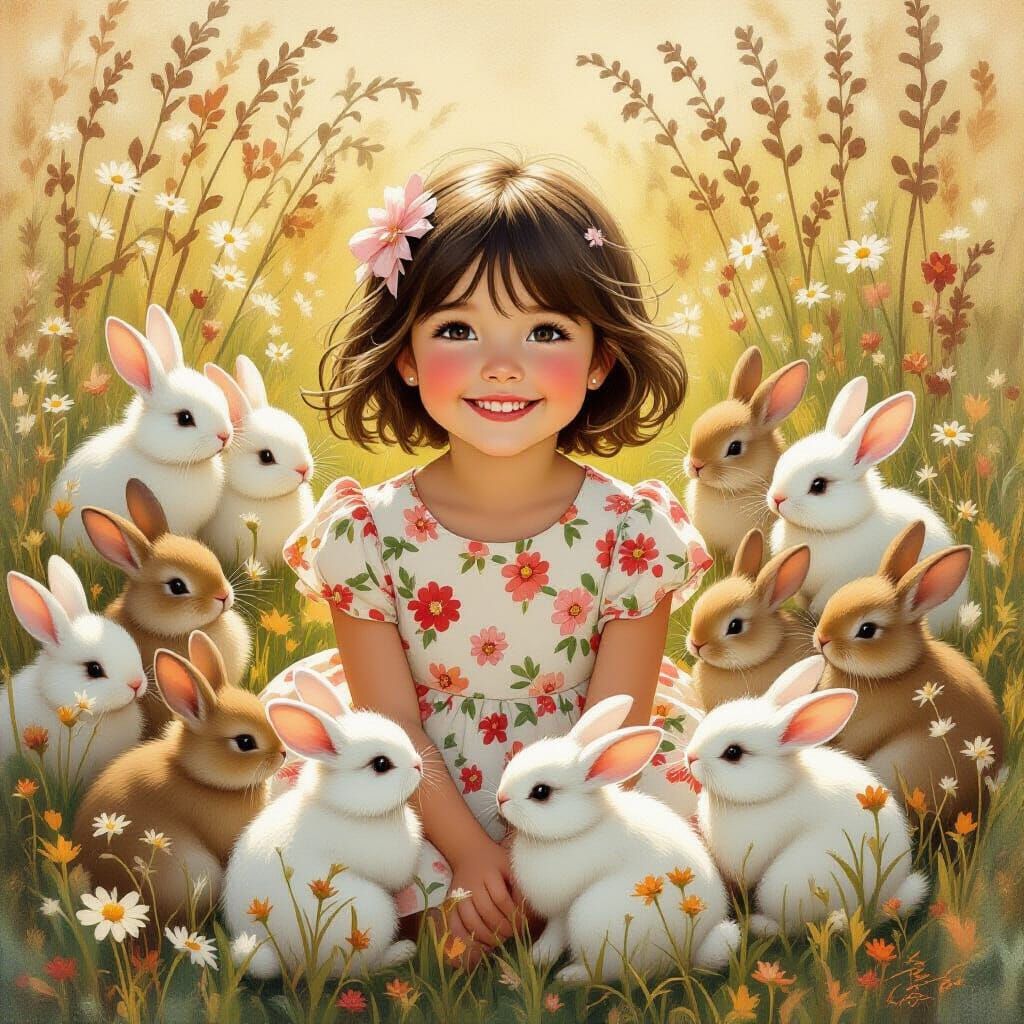 Girl in Rabbit Swarm, Whimsical Meadow Scene