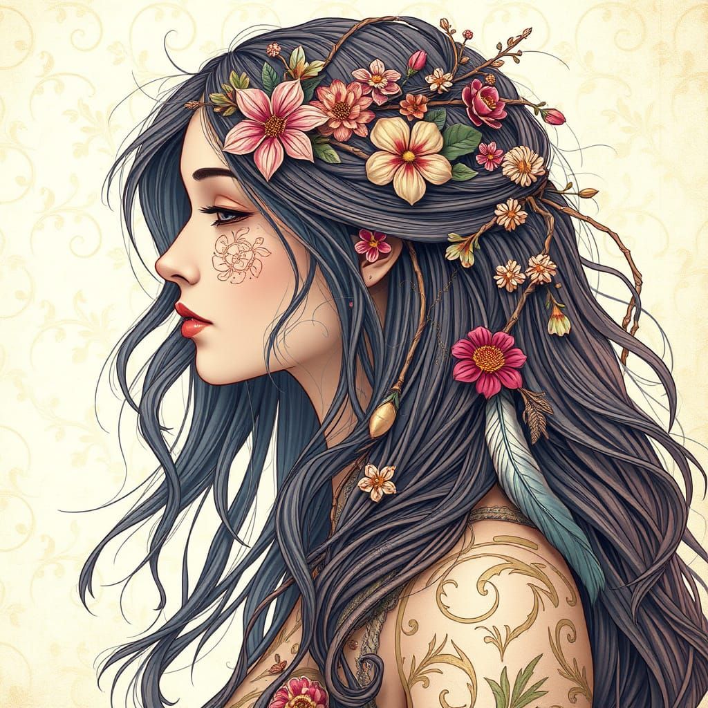 Woman with Floral Hair, in Art Nouveau Style