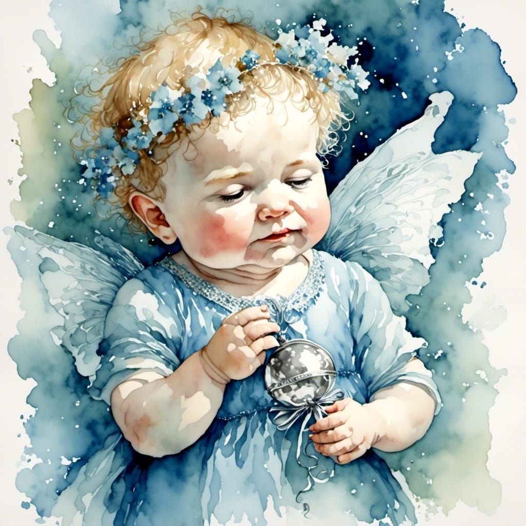 Watercolor Baby Boy with Silver Rattle and Ribbon