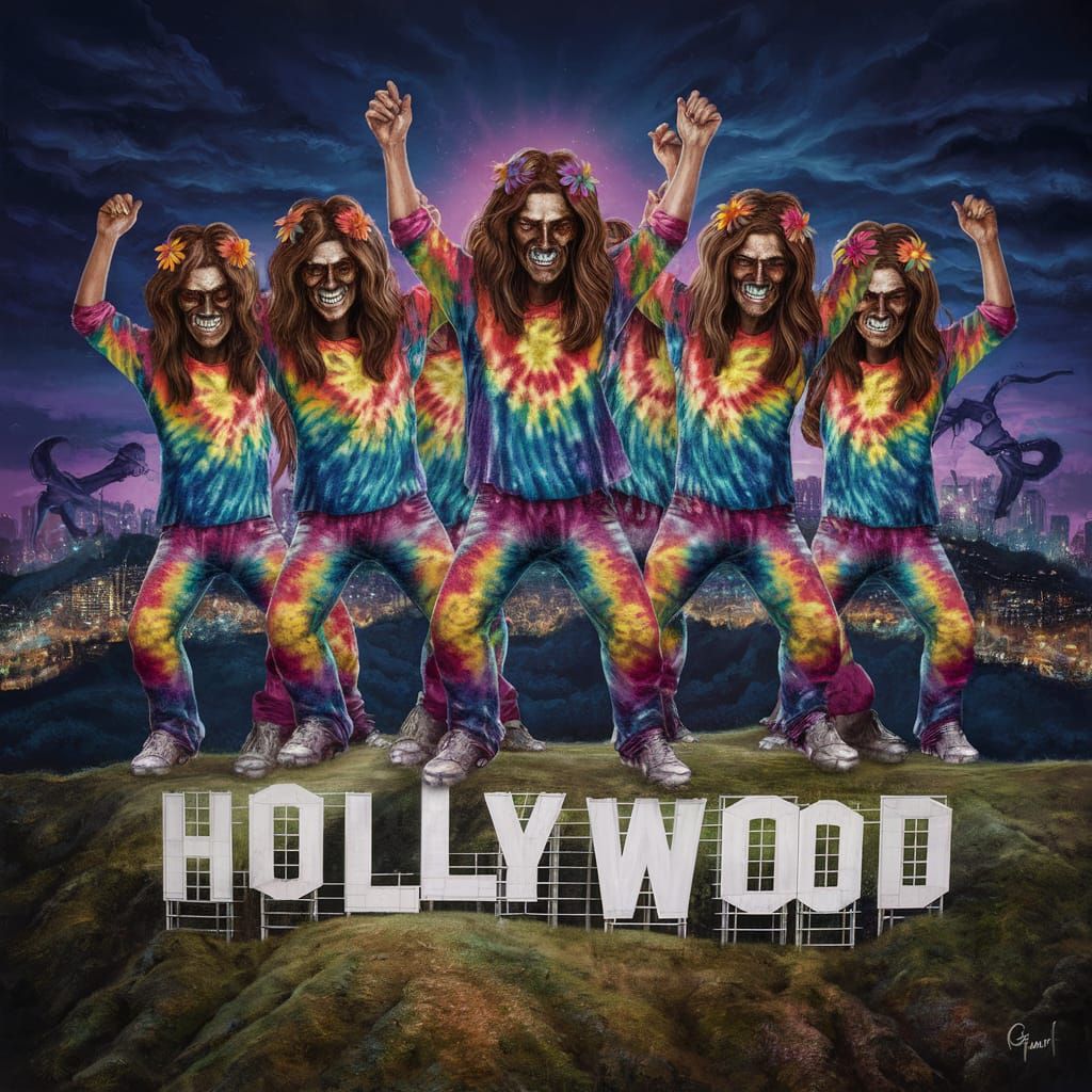 Hippies Dancing on Hollywood Sign in Digital Painting