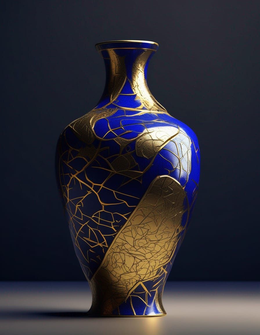 A Kintsugi  vase of gold begins and cobalt blue pottery intricate tracery beautiful elegant tactile. 8k resolution conce...