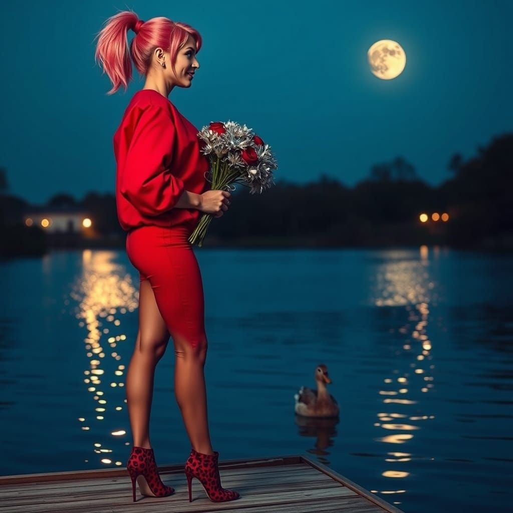 Woman on Dock Gazing at Moonlight with Silver Bouquet