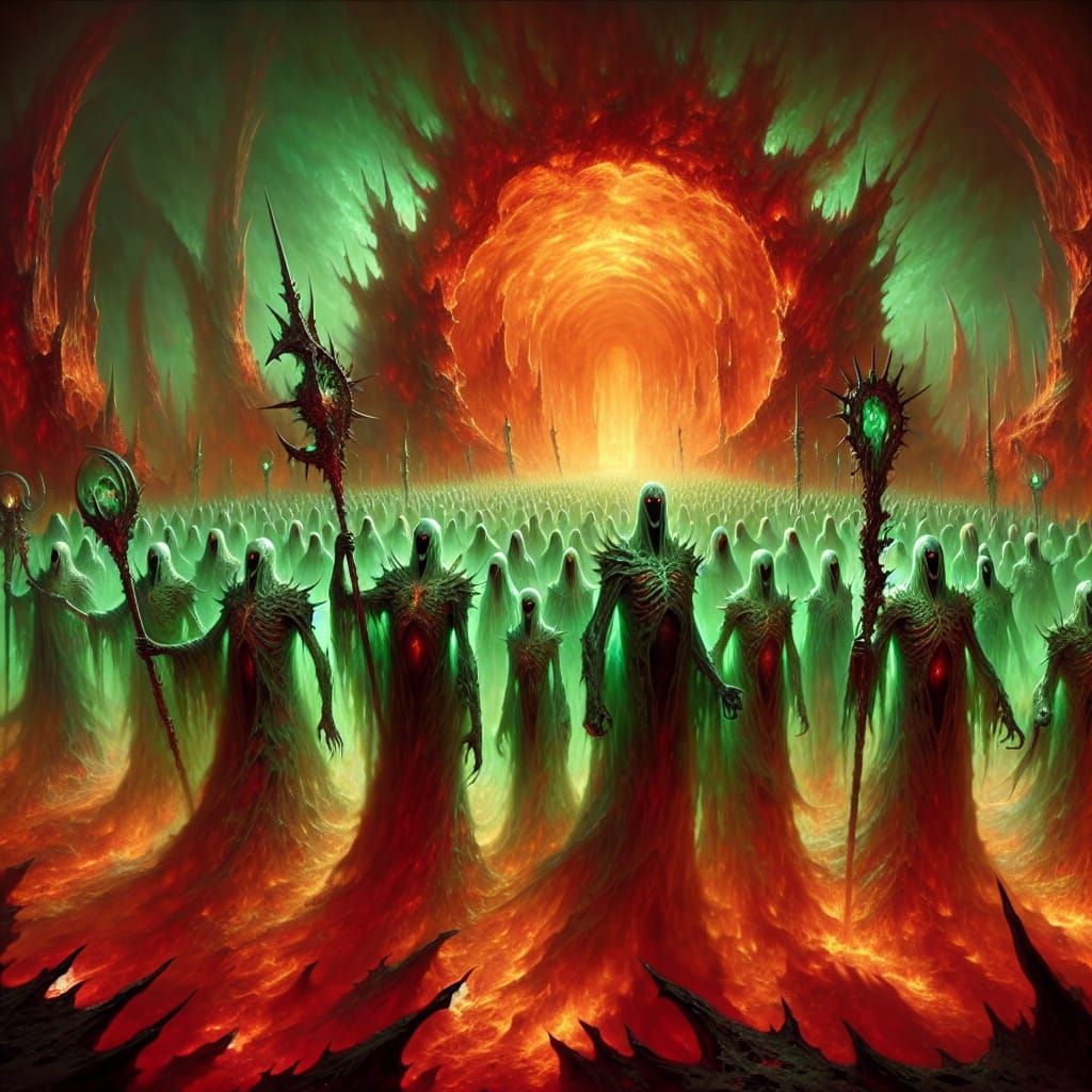 Ethereal Green Warriors Marching Through Fiery Portal