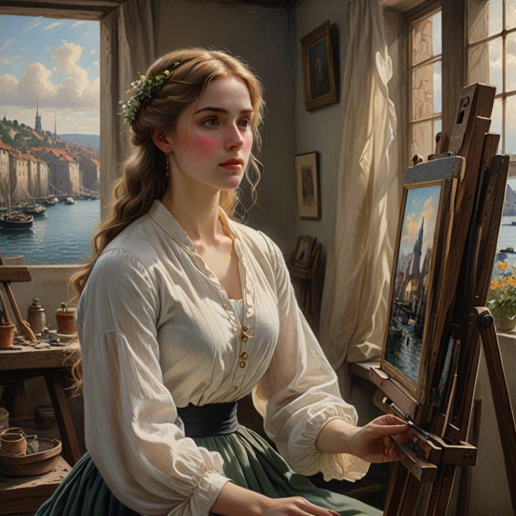 Elegant Woman Paints Masterpiece in Timeless Studio
