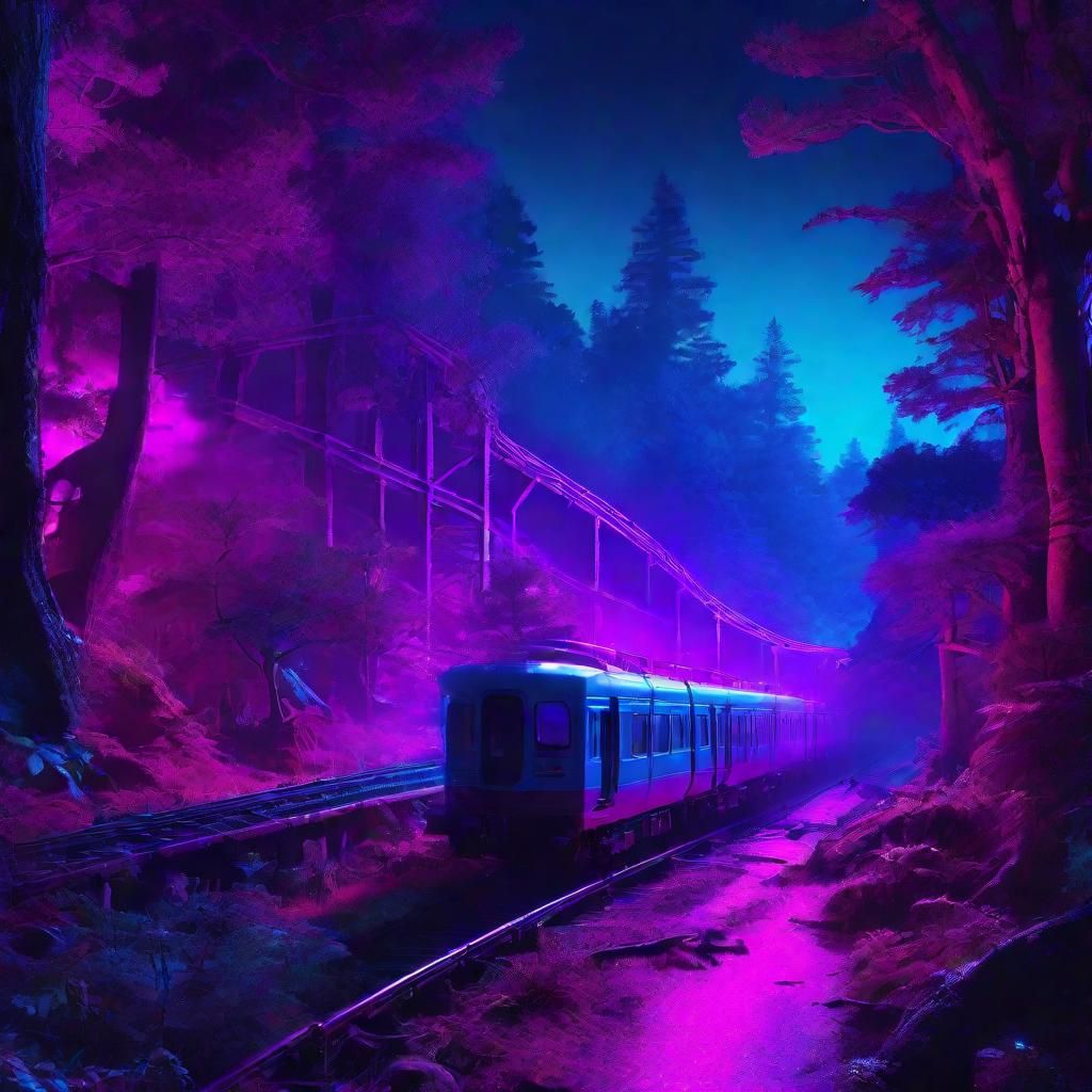 Neon-Lit Retrofuturistic Forest with Train Bridge