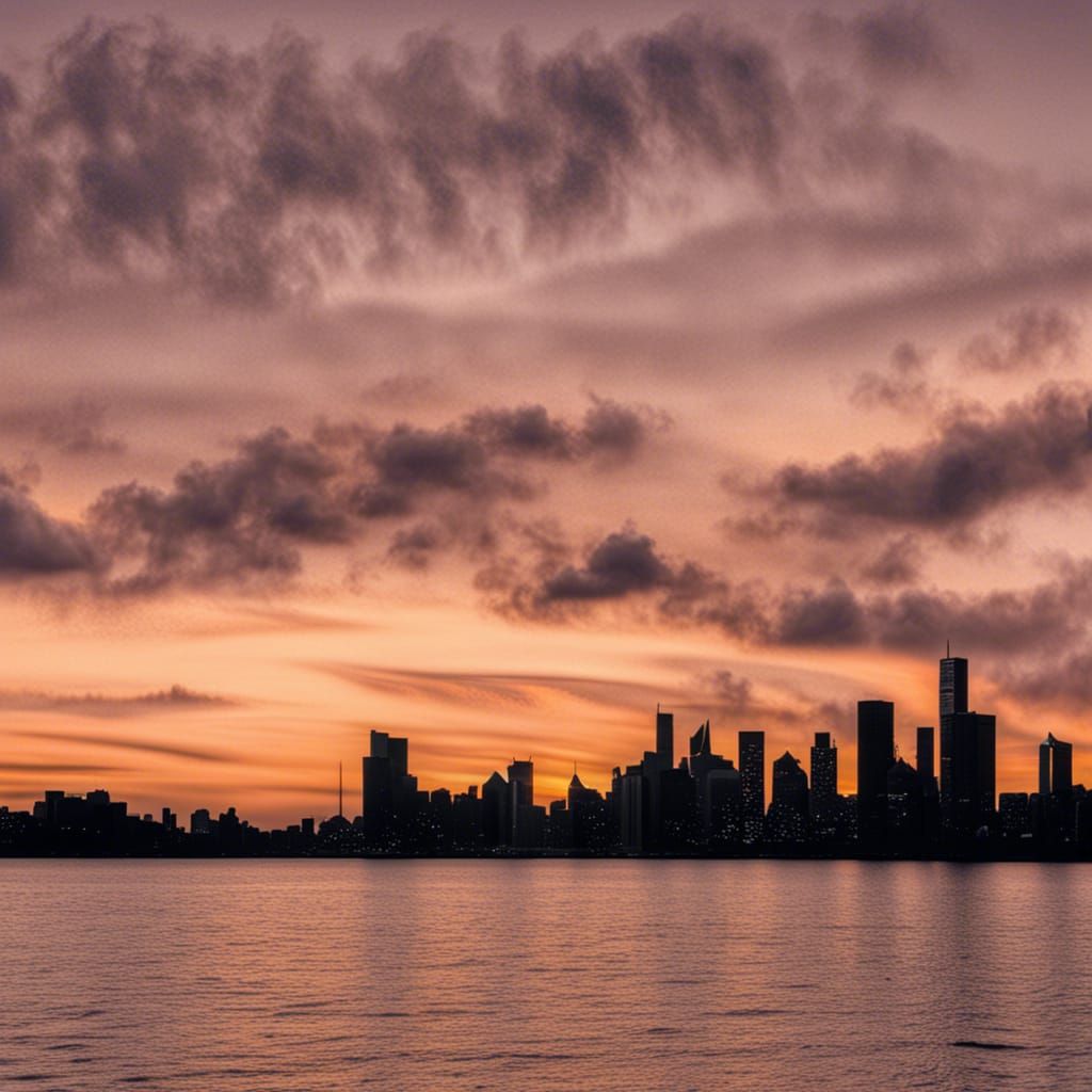Cityscape at Sunset Over Water
