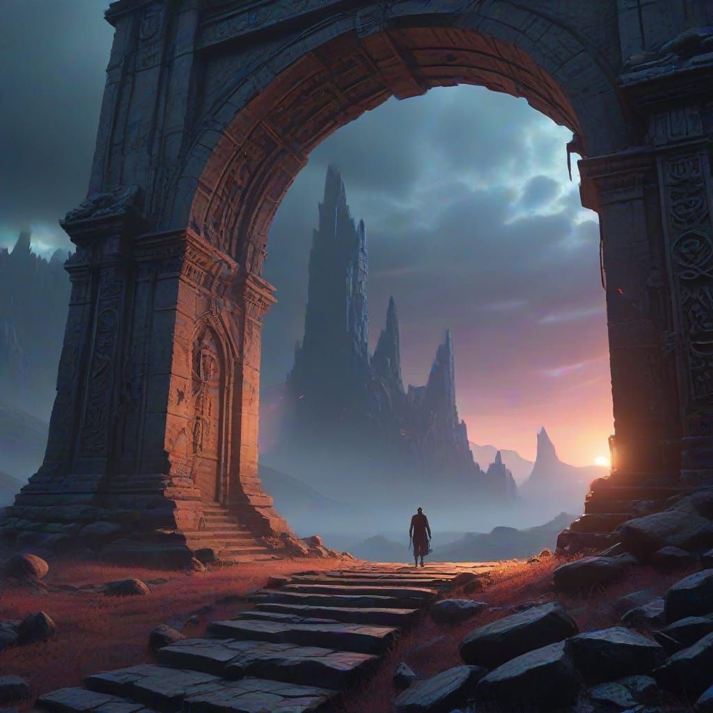 Ethereal Portal Swallows Figure in Ancient Landscape