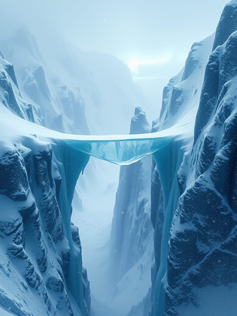 Ethereal Ice Bridge in a Blizzard, Fantasy-Realism Style