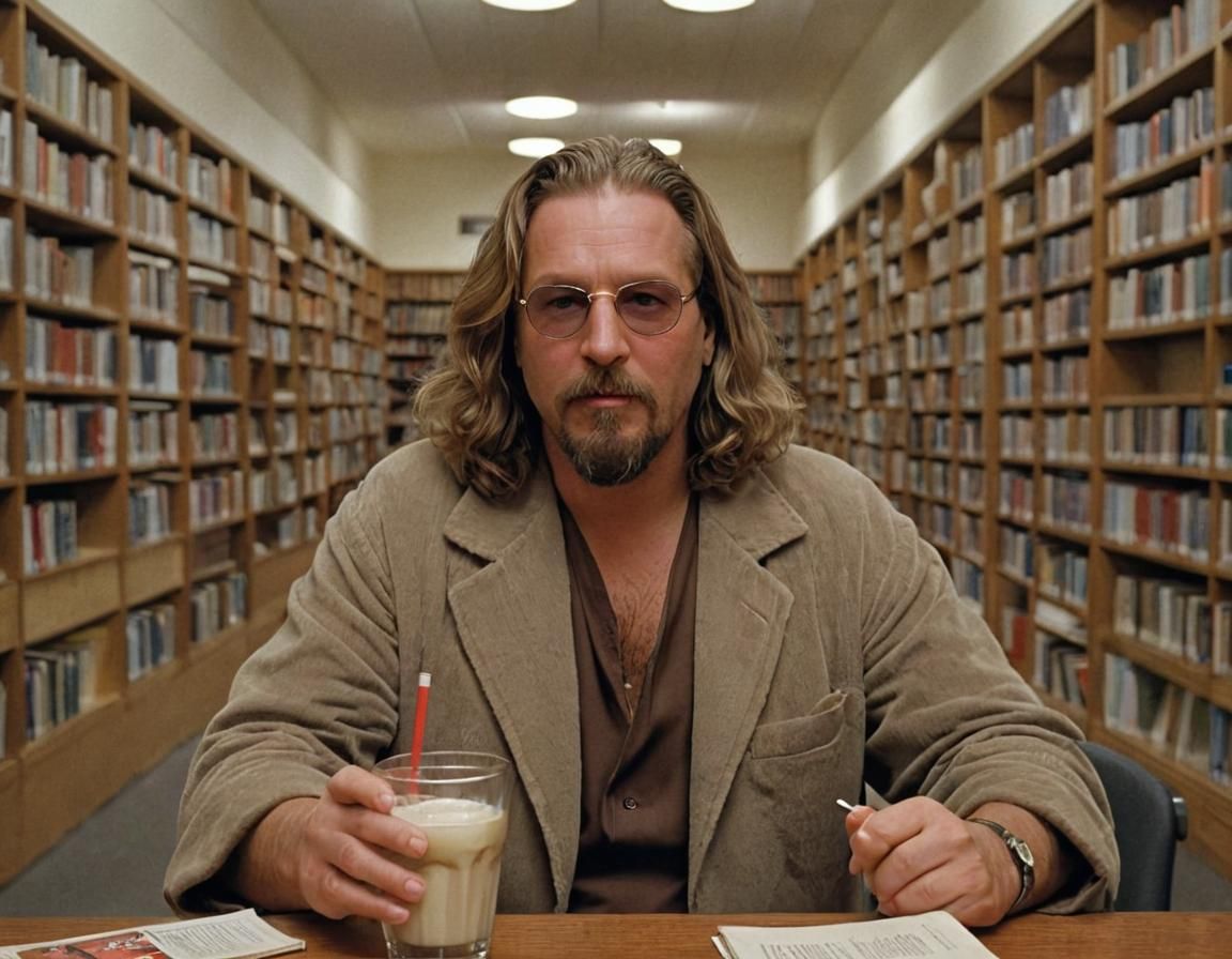The Dude Lebowski with White Russian in Library