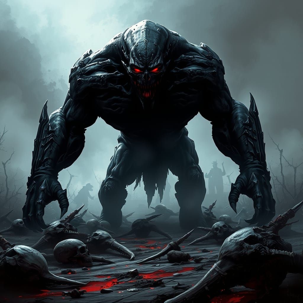 Dark Fantasy Warrior with Crimson Eyes on Battlefield