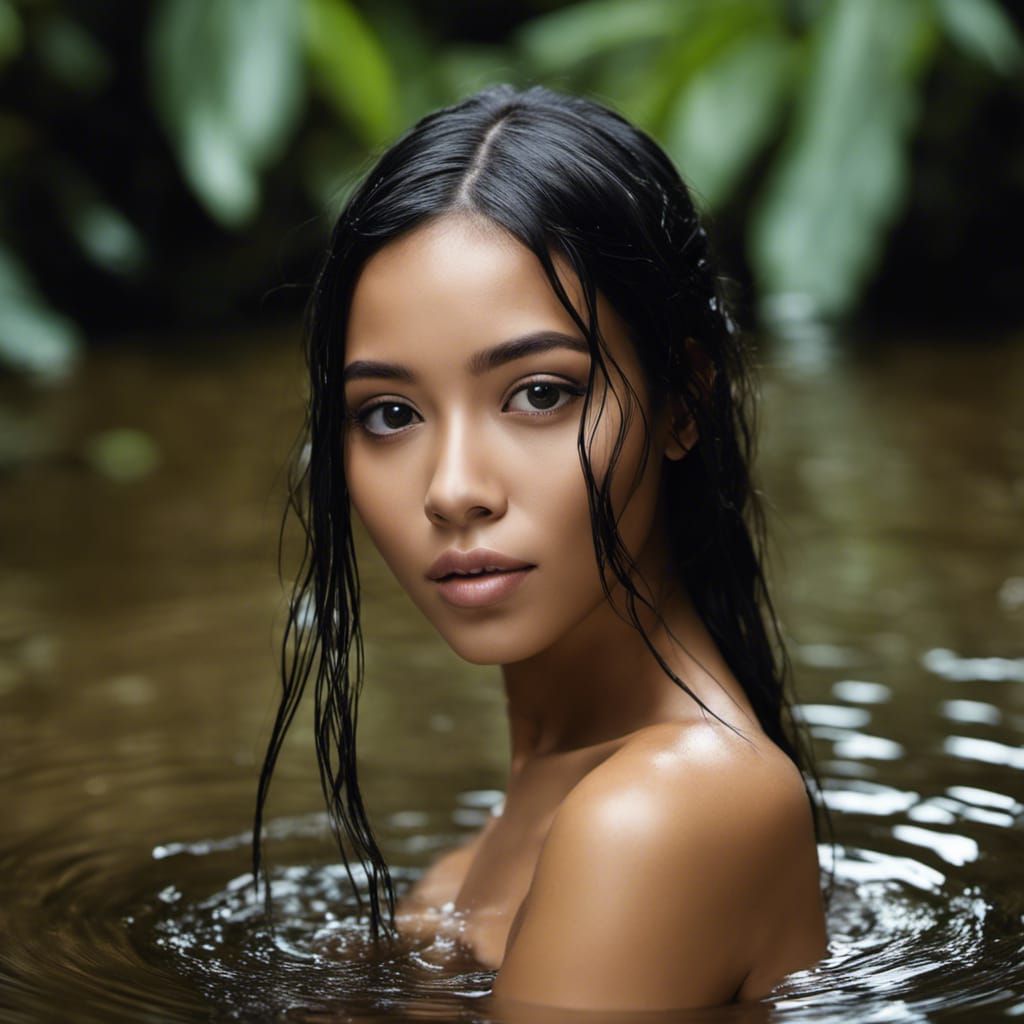 Indonesian Beauty Emerges from Tropical Waterfall: Photoreal...