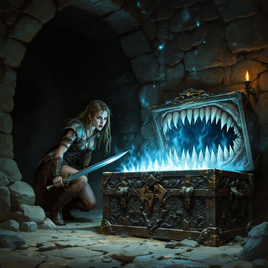 Dark Fantasy Warrior Confronts Ancient Evil Treasure