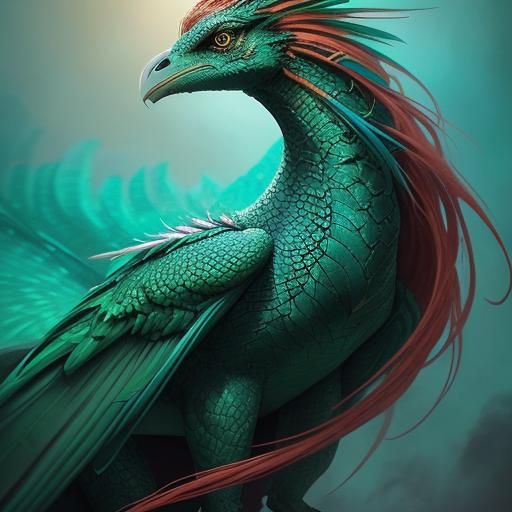 Majestic Dragon Woman with Peacock Feathers, Digital Art
