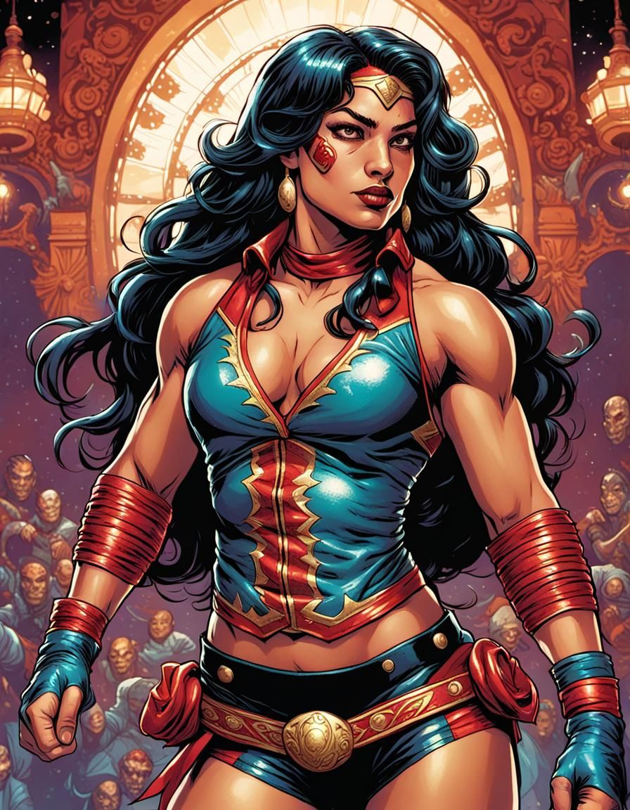 Latina female wrestler wearing a Carnivale outfit