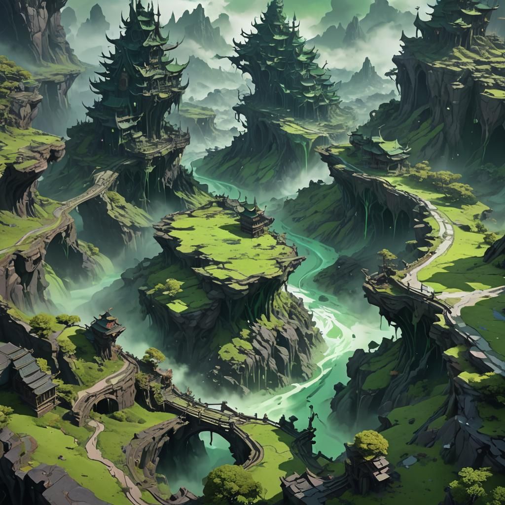 Dark Fantasy Landscape with Toxic Fumes in 3D Anime Style
