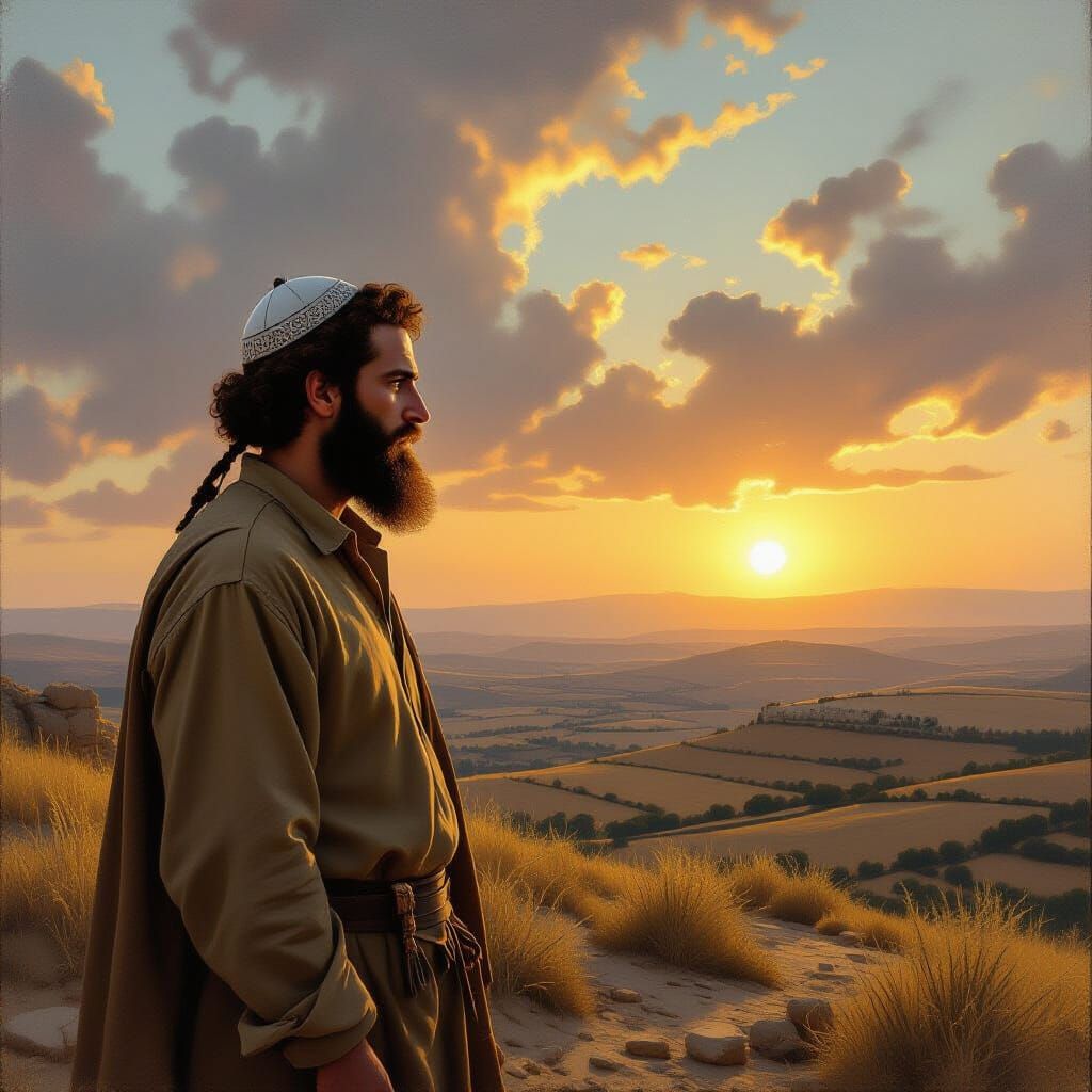 Religious Zionist Man on Windswept Hilltop in Oil Painting S...