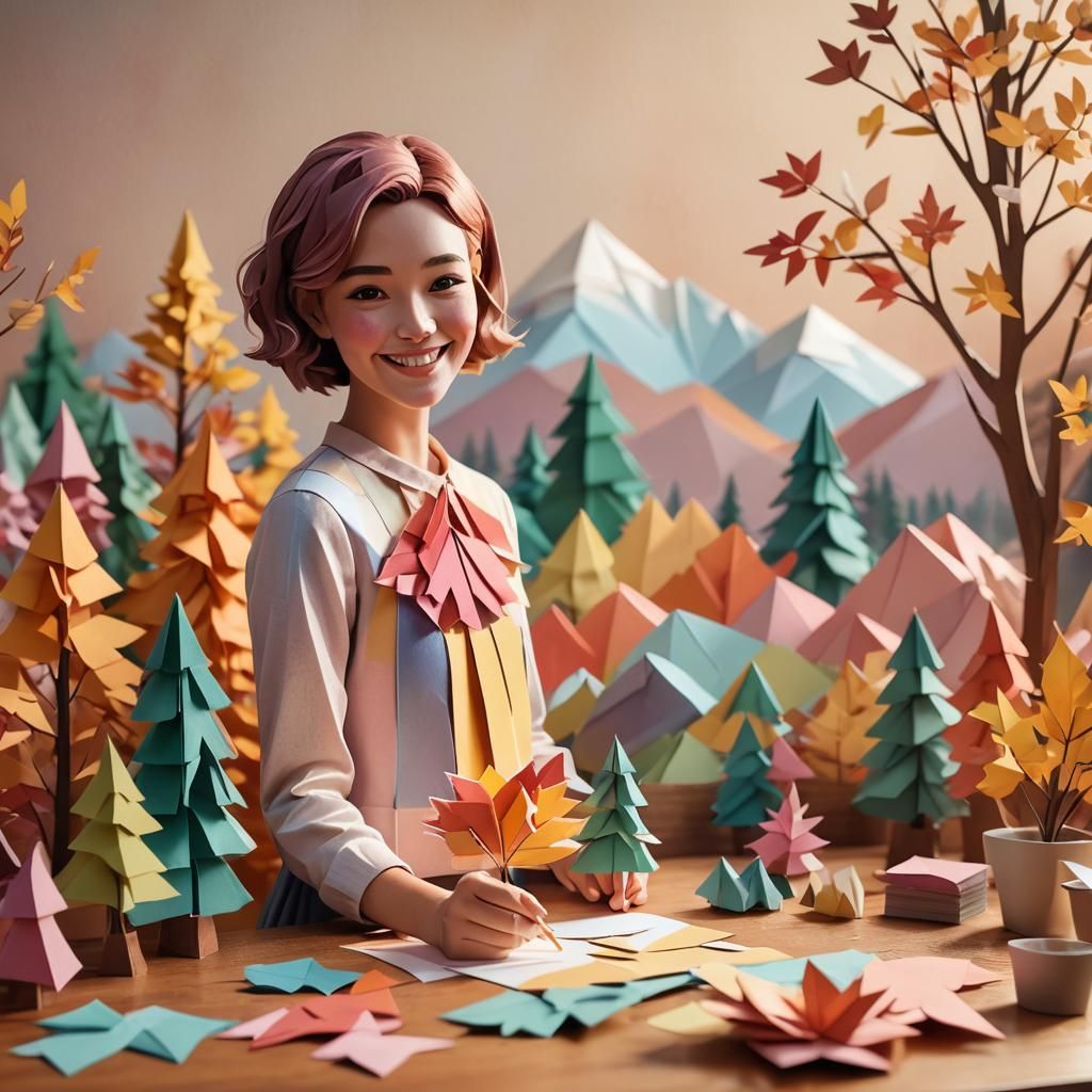 Girl Creates Autumn Landscape Papercraft in Pastel Art