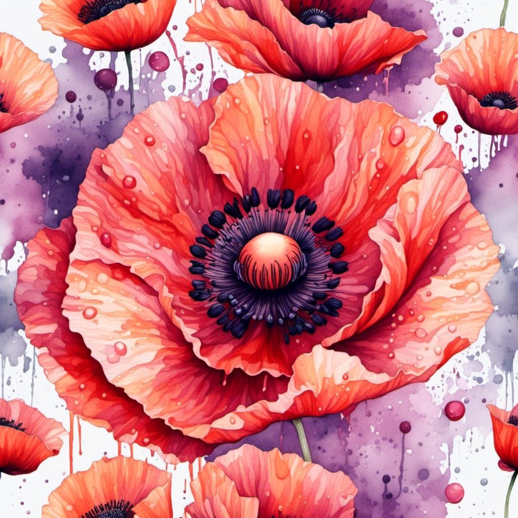 Radiant Poppy Flower in Splashed Watercolor Style